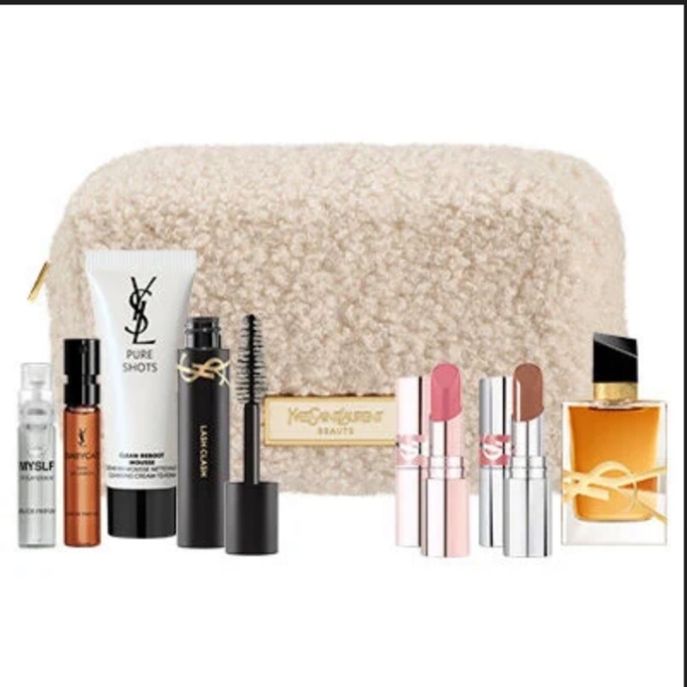 Yves Saint Laurent Makeup Set with Beige Sherpa Pouch and Gold Accents